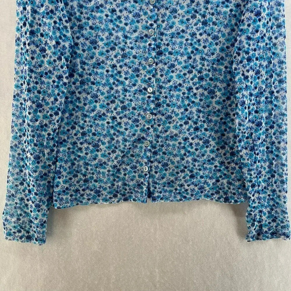 New York & Company Blouse Womens XL Blue Floral Button-Up Round Neck Long Sleeve - Picture 7 of 11